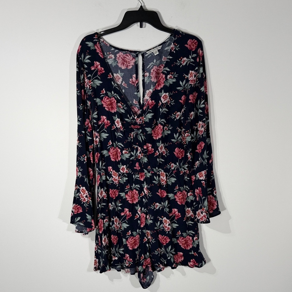 American Eagle Outfitters Navy Floral Romper with Pink Roses